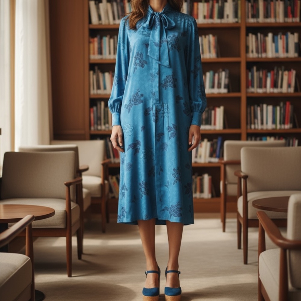 Vintage 70s USA Union Made Hanae Mori Butterfly 100% Silk Necktie Dress Blue 14